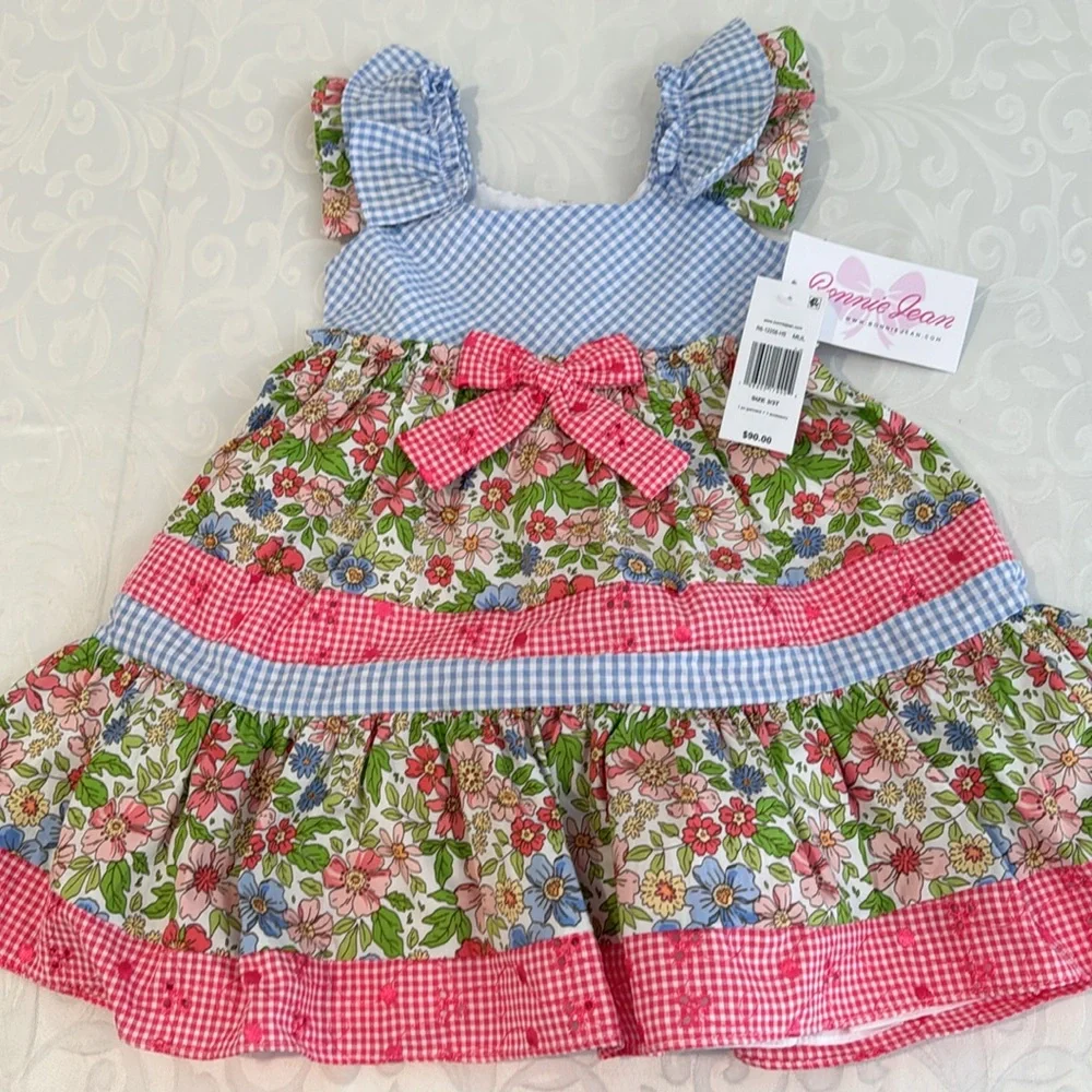 Bonnie Jean Flutter Sleeves Mixed Print Dress with Matching Hat. 3T - Picture 6 of 12